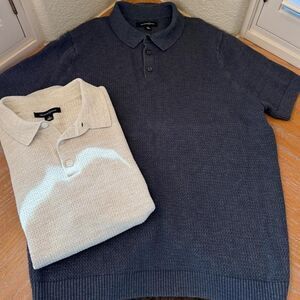 Treasure & Bond Textured Linen & Cotton Polo Sweaters - Navy & Beige